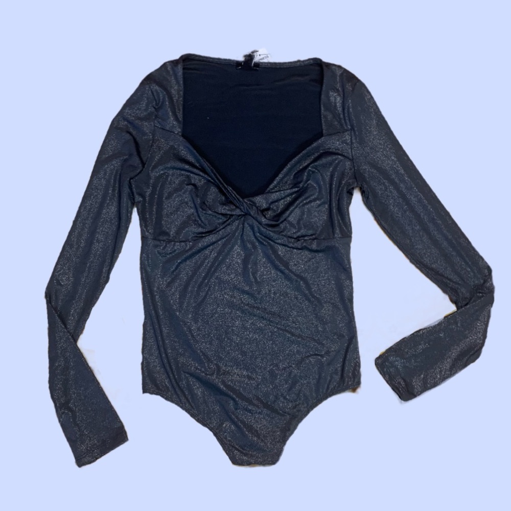 Express gunmetal shimmery gutter bodysuit, slimming effect with a twist front